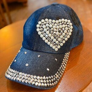 NWOT Denim Rhinestone Heart‎ Hat